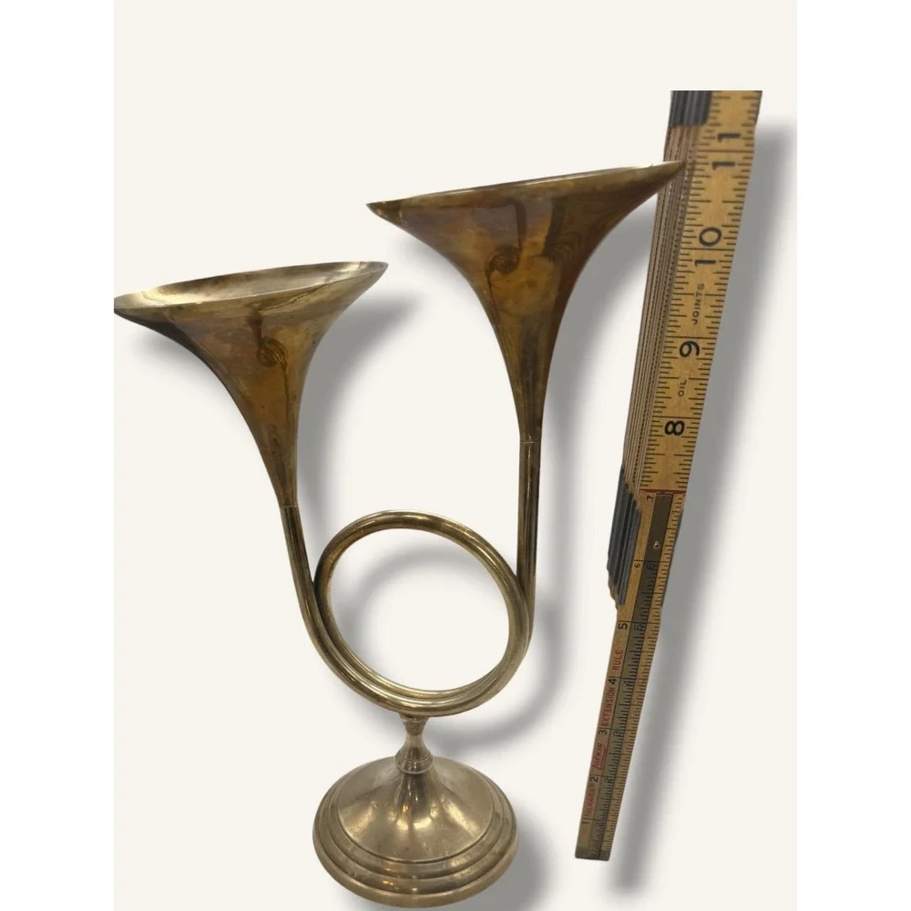 Rare and unique Vintage Brass Double French Horn Candlestick Holder with Patina
